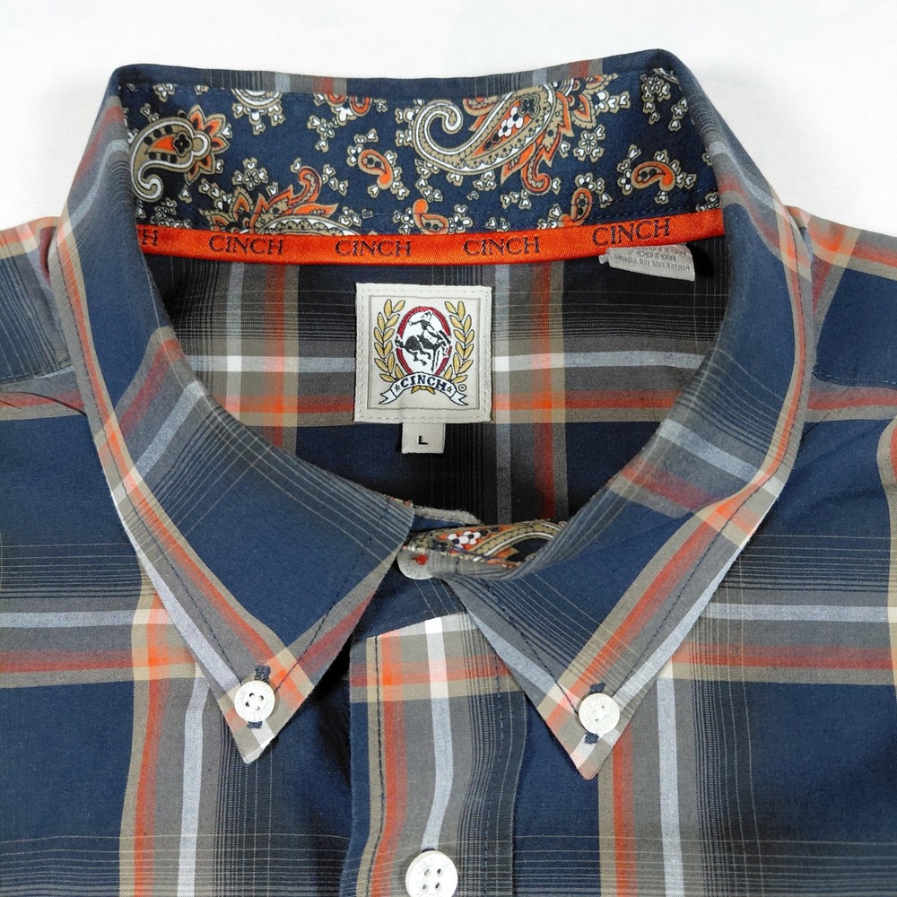 Cinch Mens Large Long Sleeve Button Down Shirt Blue Orange Plaid Paisley Trim - Picture 2 of 13